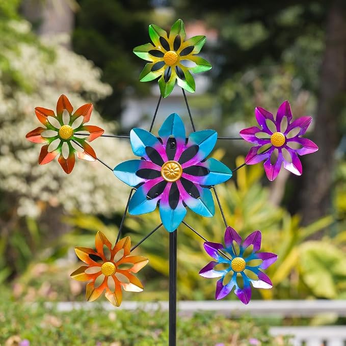 Stargarden Outdoor Kinetic Wind Spinner -24.4" D*74" H Large Metal Wind Sculpture, Flower Metal Wind Spinners for Garden Yard Patio