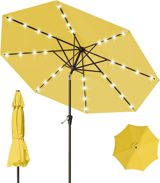 9FT Patio Umbrella with Solar Lights,Outdoor Market Umbrella with Tilt and Crank, LED Lighted Table Umbrella for Garden,Deck,Backyard,Pool,Beach