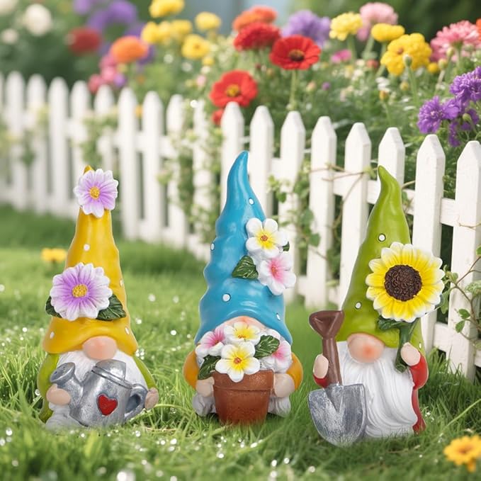 Hodao Spring Decorations for Home - Colorful Garden Gnomes Figurines with Flowers & Tools – Spring Summer Indoor Decor for Table, Lawn, Window Sill – Gift for Garden Lovers