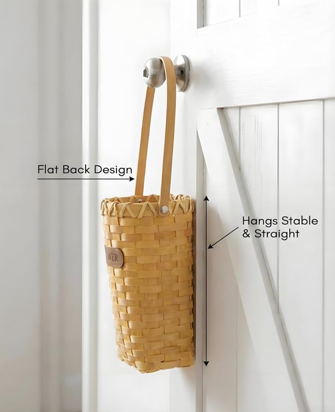 AceList Woven Hanging Basket for Wall Door, 9 Inch Tall Wood Storage Basket for Living Rooms, Kitchen, Rustic Farmhouse Pocket Basket with Long Handle for Dried Flower Decor With flower tags