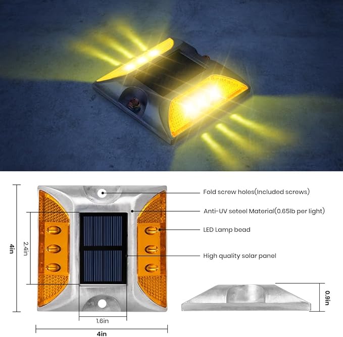 Solar Raised Pavement Marker High Brightness IP68 Waterproof Solar Powered Reflector Road Solar Blinker Light for Anti-diecast Aluminum Protruding Signs Safety Warning 8PCS (Yellow)