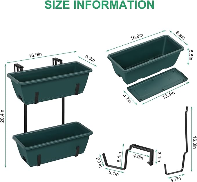 Deck Railing Planter Boxes 2 Tier Green Outdoor Hanging Planters Set of 2 with 4 Pack Flower Boxes 16.9 Inch Window Boxes Planters with Adjustable Brackets Balcony Planters for Garden Porch Patio