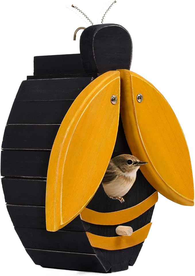 NATUREYLWL Bird Houses for Outside, Bee-Shaped Birdhouse Attracts Wild Birds (Bluebirds, Finches, Cardinals), Durable Wood Bird House with 4 cm Entrance Hole,Unique Garden Decor,Weather-Resistant