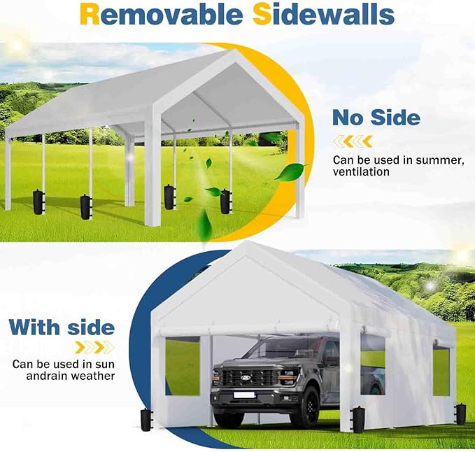 JAMFLY 12x20 ft Carport, Heavy Duty Carport with Roll-up Windows, Portable Garage with Removable Sidewalls & Doors, Car Canopy with Sandbags and All-Season Tarp for Car, Truck, Boat, Motorcycle, White