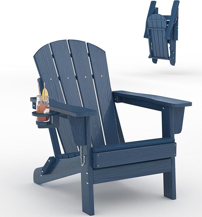 GarveeLife Folding Adirondack Chair, All-Weather HDPE Outdoor Chair, Wooden Textured with Cup Holder for patios, Decks, Gardens, fire pits, Navy Blue