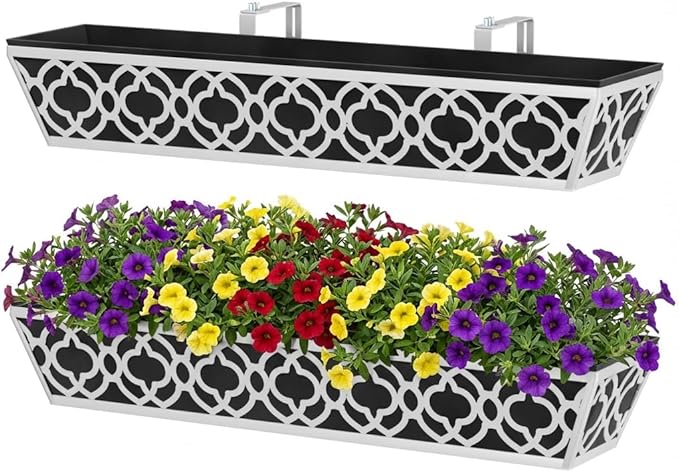 Y&M 30'' Metal Railing Planter Box Set with Black Non-Woven Fabric Liner, Flower Boxes with Adjustable Brackets, 2 Pcs Large Hanging Window Boxes for Fence, Deck, Balcony, and Garden - Gray