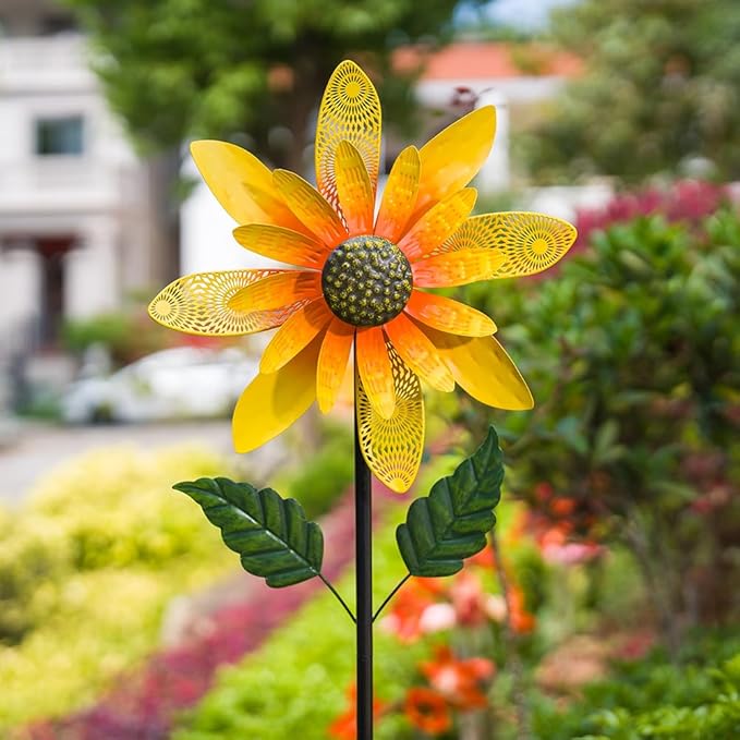 Viveta Sunflower Wind Spinner,13.7 * 58" Metal Wind Sculpture, Flower Garden Spinner,Pinwheel Decor for Yard and Garden Lawn Patio