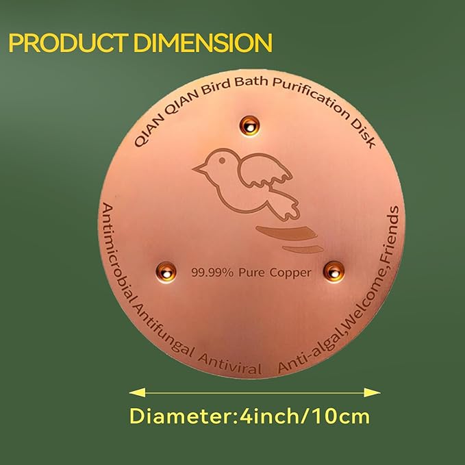 QIANQIANBird Bath Copper Disk, 0.6mm Reinforced 99.99% Pure Copper Cleaning Disk for Physical Safe Clean Water All-Season, Universal Fit for Outdoor Birdbaths, Bowl, Bird Bath Solar,2-Pack