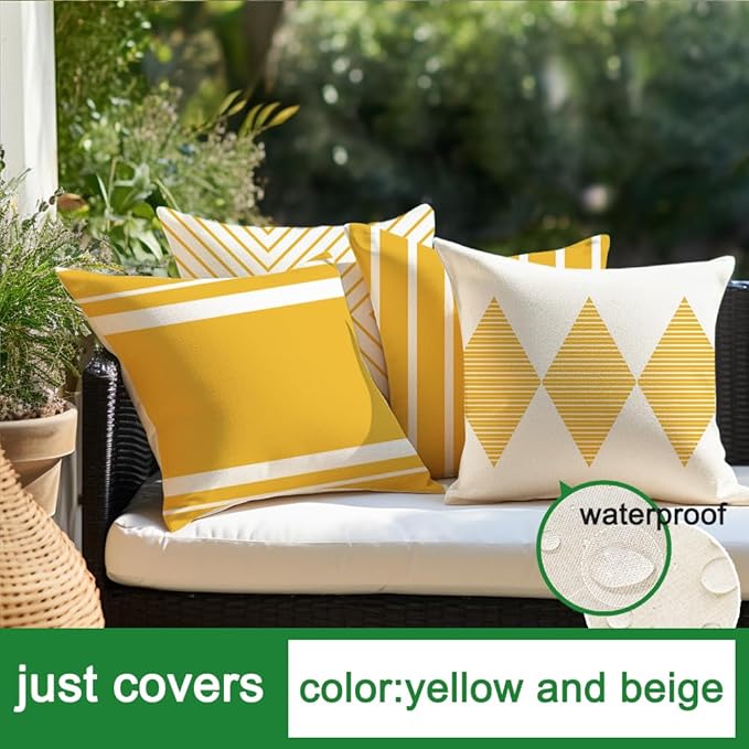 RABUSOFA Yellow and White Outdoor Pillows Waterproof,18x18 inch Boho Summer Outdoor Pillow Covers Set of 4 for Patio Furniture Sunbrella (2Y-18) (18"x18")