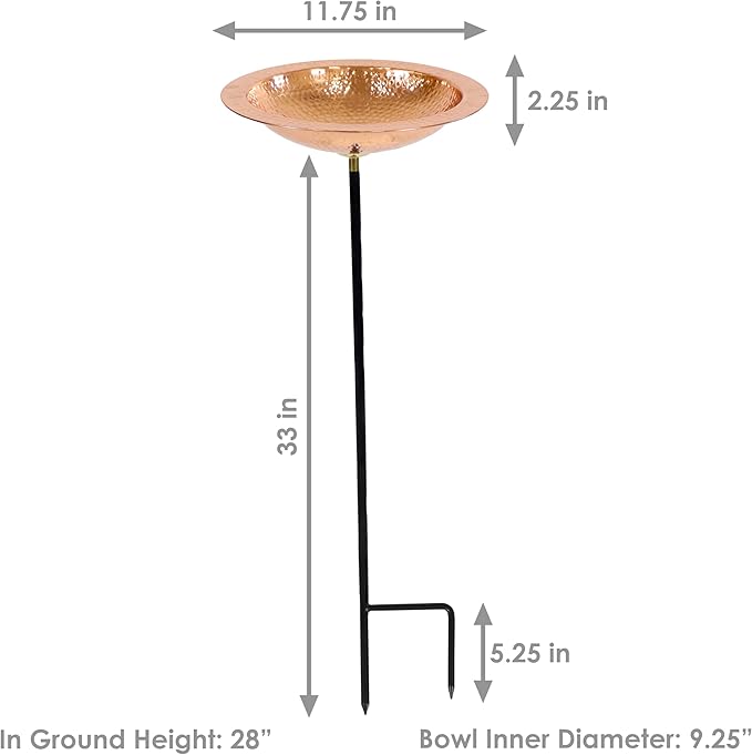 Sunnydaze Standing Copper Bird Bath or Bird Feeder - Detachable Hand-Hammered Bowl with Stake - 33” H
