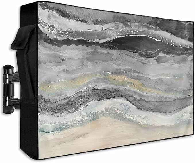 Outdoor TV Cover 52-55 Inch Weatherproof, Grey Coastal Outdoor TV Enclosure with Zipper & Roll Up Front Flap, Summer Beach Nautical Abstract Art Waterproof TV Covers for Outside Flat Screen TV