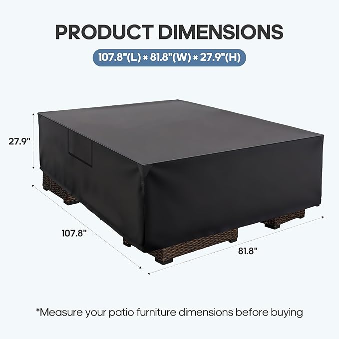 DUMOS Outdoor Furniture Cover, Rectangular Heavy Duty 600D UV Resistant & Waterproof Patio Furniture Covers for Deck Table and Chairs, Backyard Patio Dining Sets, 108"L x 82"W x 28"H, Black