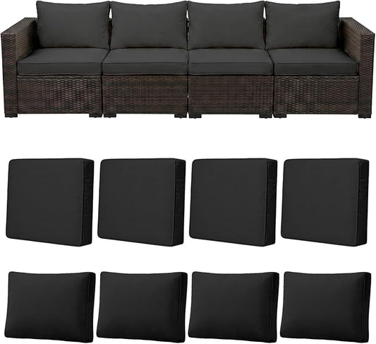 8pcs Outdoor Patio Cushion Covers Replacement, 25.6" Zippered Outdoor Cushion Covers Waterproof, UV Resistant & Washable Patio Furniture Cushion Covers Waterproof for Patio Sectional, Black
