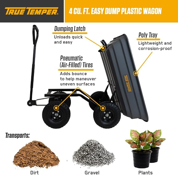 True Temper Poly Garden Cart Wagon, Easy Dump Design, 4 Cu. Ft. Capacity, 10 in. Pneumatic Tires for Lawn, Utility, Yard, Farm