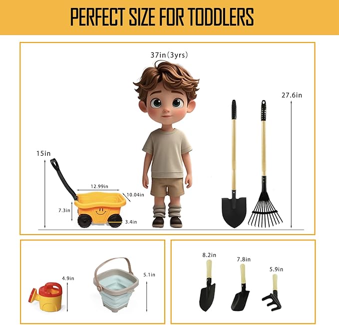 Toddlers Rake & Shovel Set with Wheelbarrow, Kids Yard Tools for Digging, Gardening, Beach, Sandbox, Lawn, Camping, Summer Outdoor Garden Toys Gifts for Children Age 2-5 Years Old