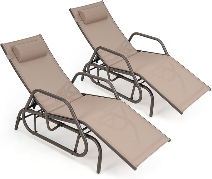 Tangkula Outdoor Glider Recliner Chair, Adjustable Backrest Patio Gliding Lounger Chair with Armrests and Pillow, Outdoor Swinging Rocking Chair w/Breathable Fabric for Poolside, Backyard (2, Brown)