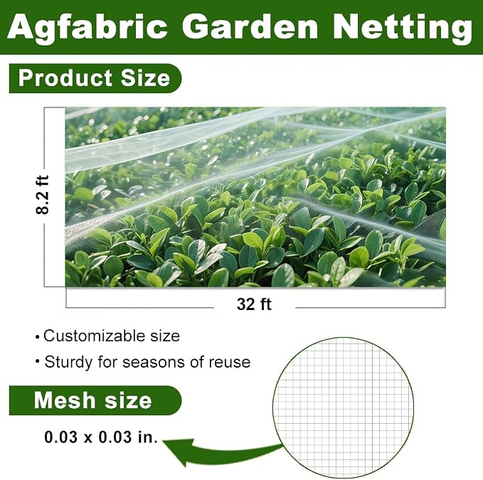 Agfabric Garden Netting 8.2'x32' Insect Pest Barrier Bird Netting for Garden Protection,Row Cover Mesh Netting for Vegetables Fruit Trees and Plants,White