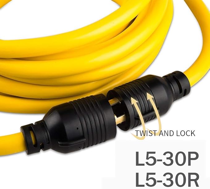 15FT Heavy Duty 3 Prong Generator Locking Power Cord NEMA L5-30P/L5-30R,10 Gauge SJTW Cable, 125V 30Amp Yellow Generator Lock Extension Cord with UL Listed…