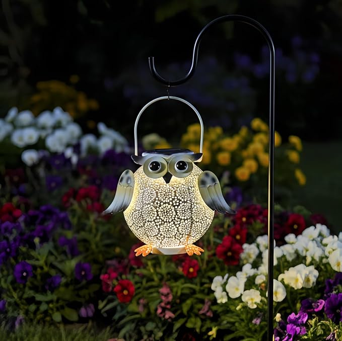 2 Pack Hanging Solar Lanterns - Garden Light Waterproof Metal Decorative Solar Lantern Lights Outdoor for Patio Yard Table Pathway (White owl 2pk)