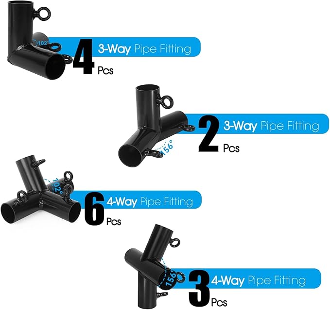 Aoneky 6-Pack 1.05 Inch Corner Canopy Connector Kit, Heavy Duty Carport Frame Fittings for 3/4 Inch EMT Pipe, 156 Degree Peak Angle, Universal for 4 6 8 10 Leg Structures, Black (10-Legs Set)