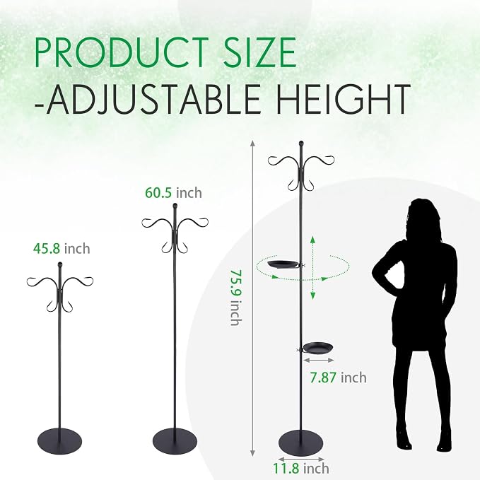 1 Set Upgraded 75.9" Shepherds Hook for Bird Feeder, Hanging Plant Wind Chime Stand, Metal Adjustable Standing Pole Holder for Indoor Outdoor, with 2 Rack & Weight Bag (2 Hooks)
