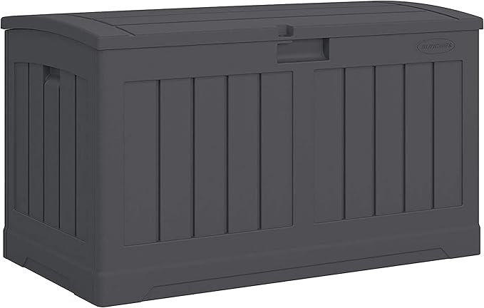 Suncast 50-Gallon Outdoor Resin Patio Deck Storage Box with Seat, Peppercorn & Keter Marvel Plus 71 Gallon Resin Deck Box-Organization and Storage for Patio Furniture Outdoor Cushions, Throw Pillows