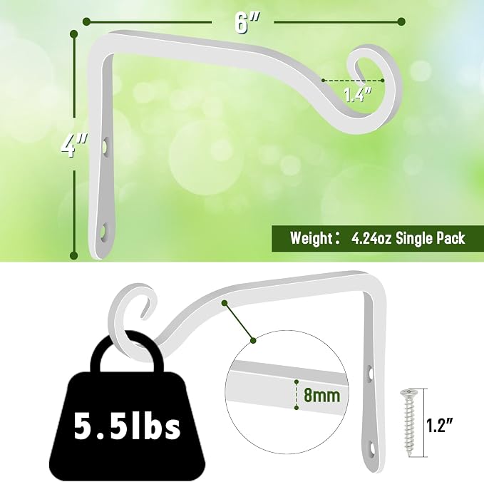 FEED GARDEN Hand-Forged Hanging Plant Bracket Iron Wall Hook for Hanging Plant,Bird Feeders, Wind Chimes, Flower Baskets, Lanterns, Yoga Mat, Indoor/Outdoor Use 6 Inch 2 Pack, White