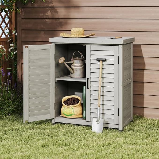 YOPTO Outdoor Wood Storage Cabinet,Garden Shed Tool with Metal Table Top, Backyard Waterproof Shelter W/Ventilated Screen Door & 2 Handles,2 Compartments,Workstation for Lawn,31x17x36'',Grey