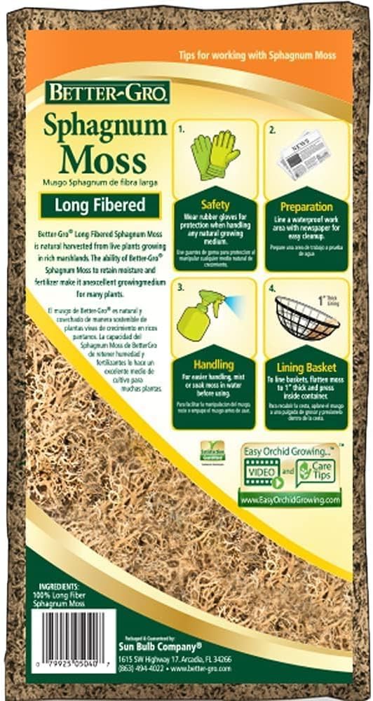 Better-Gro Sphagnum Moss - 100% Natural, Long-Fiber Moss for Orchids, Ferns, and Hostas, Excellent for Hanging Baskets and Propagating Plants - 240 Cubic Inches (Pack of 12)