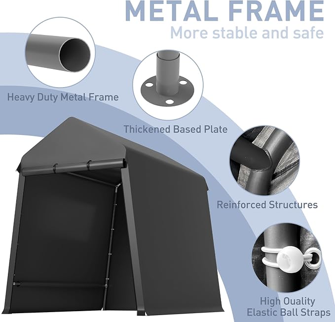 Outdoor Tarp Shed 6 X 8 Ft Portable Storage Shed with Roll-Up Door, Carport Bike Sheds ATV Storage Tent for Motorcycle, Car, Garden Tools Black