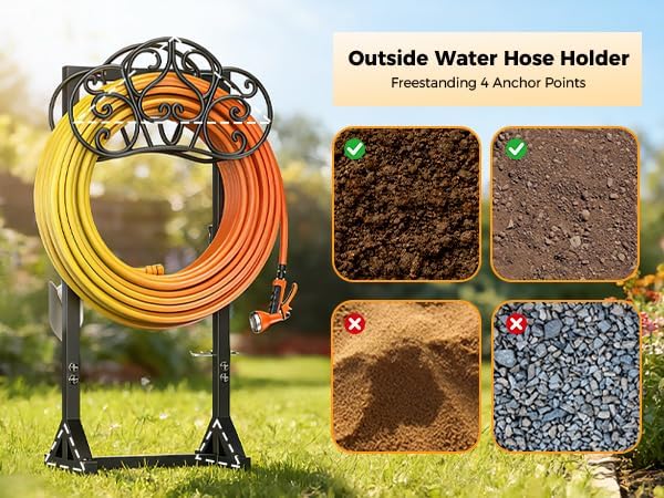 Garden Hose Holder Heavy-Duty Freestanding Water Hose Holder Holds 160Ft Hoses with 2 Tool Hooks, Rustproof Freestanding Hose Stand with 4 Spikes Hose Hanger Storage Rack for Outside, Yard, Lawn