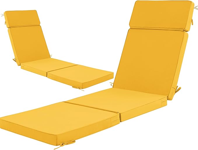 80 x 26 Inch Outdoor Chaise Lounge Cushions Set of 2 - Removable Cover, 4-Section Design, Water-Repellent & Fade-Resistant, 6 Tie Straps, Replacement for Patio & Pool Chairs - Yellow