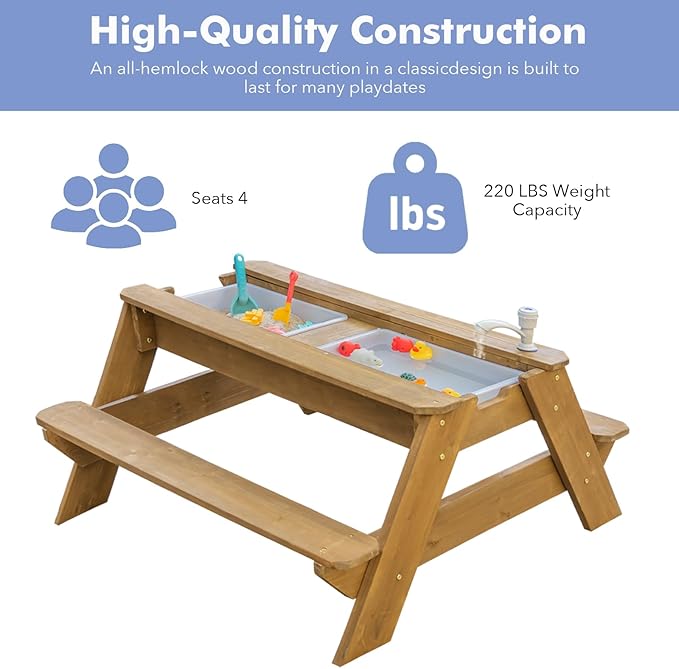 Kids 3-in-1 Sand & Water Table, Wood Outdoor Convertible Picnic Table w/Umbrella, 2 Trays, Removable Top with Faucet, Picnic Table for Outdoor Playset (Natural/Brown)