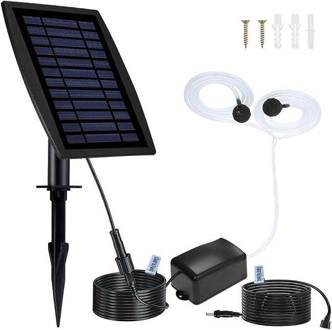 Solar Air Pump for Fish Pond, 10 + 10 ft Extension Cable, 20 Hours Output,3 Modes, Hoses and Bubble Stone, Solar Powered Oxygenator Aerator Bubbler for Small koi Pond