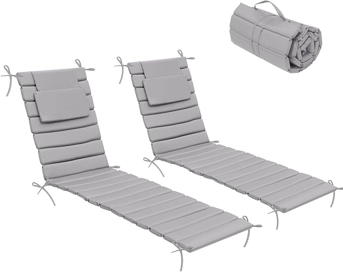 Crestlive Products Chaise Lounge Cushion Outdoor Set of 2, Foldable Waterproof Pool Lounge Chair Cushions with Straps, Lounger Cushions for Outdoor Furniture， 71''Lx21''W (Light Gray)