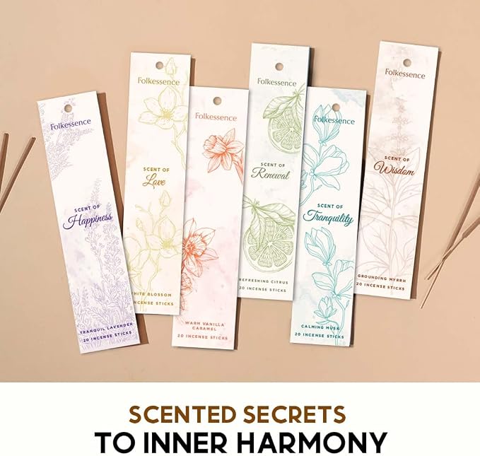 Folkulture Incense Sticks with Holder (120 Sticks) | Set of 6 Incense Sticks for Room Freshener, Aromatherapy | No Charcoal, Organic, Non Toxic, Citrus & Vanilla Fragrance