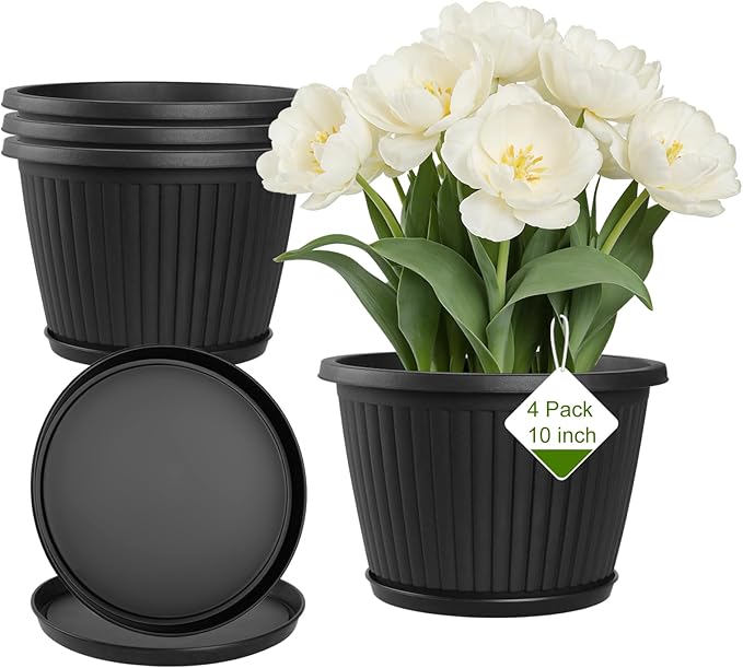 Fodetyff 10-inch-Plastic-Plant-Pots-with-Saucer, Flower Pots Containers for Indoor Outdoor Plants, Large Resin Planter with Drainage Holes and Saucers for Snake Plant Monstera