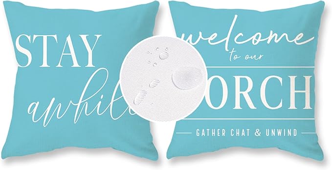 TAJWE Blue Outdoor Pillow Covers Waterproof 20x20 Set of 2 Welcome to Our Porch Stay Awhile Cushion Cases for Patio Furniture Sofa Couch Decor