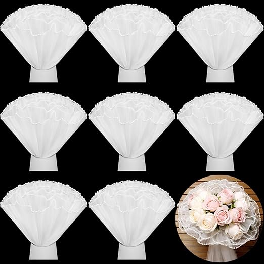 Gilprop 8 Pcs Flower Wrapping Mesh Paper, 11 Inch x 4 Yard Wavy Pearl Edge Wrinkled Flower Packaging Mesh, Florist Supplies for Teacher Mother's Day Gifts (White)