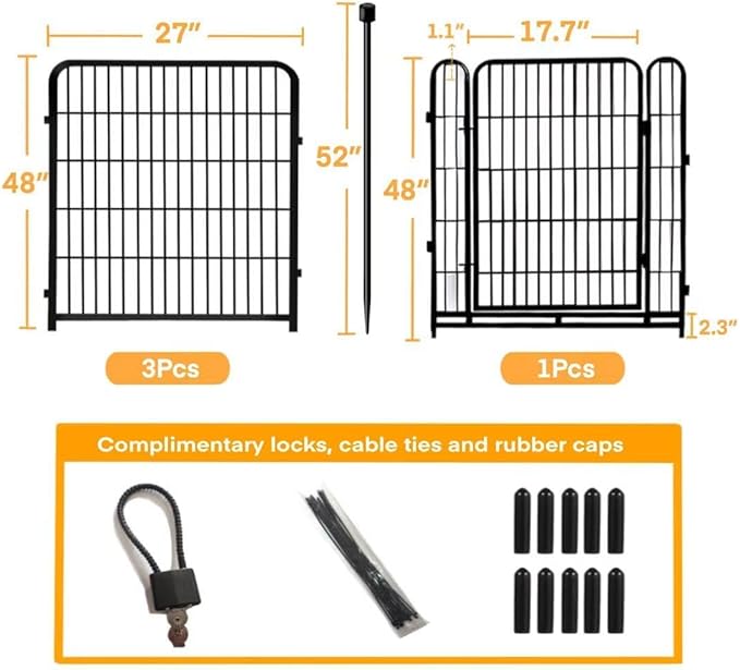 Getlay Garden Fence with Gate 48 in(H)×27 in(L) 4 Panels, Heavy Duty Iron Animal Barrier Fence, Rabbit Fence for Garden, Suitable for Indoor Pet Or Outdoor Dog Fencing, Total 8.9 Ft(L), Black