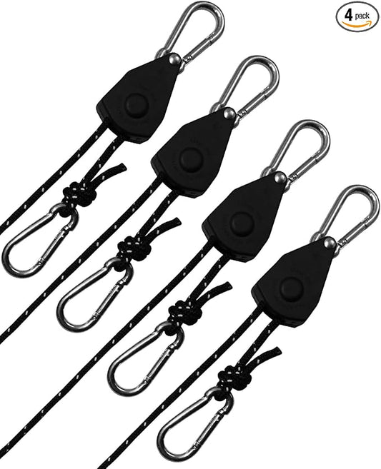 4Pack Retractable Ratchet Tie Down Straps, 16Ft 1/4" Adjustable Rope Hangers, Heavy-Duty Kayak Pulley System with 2 Carabiner Hooks, for Canoe, Roof Rack Loads, Camping Gear, Midnight Black