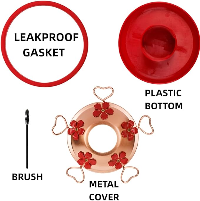 WOSIBO Hummingbird Feeder Replacement Bottom Base Replacement Part Includes Red Plastic Base Metal Top and Brushes (Copper)