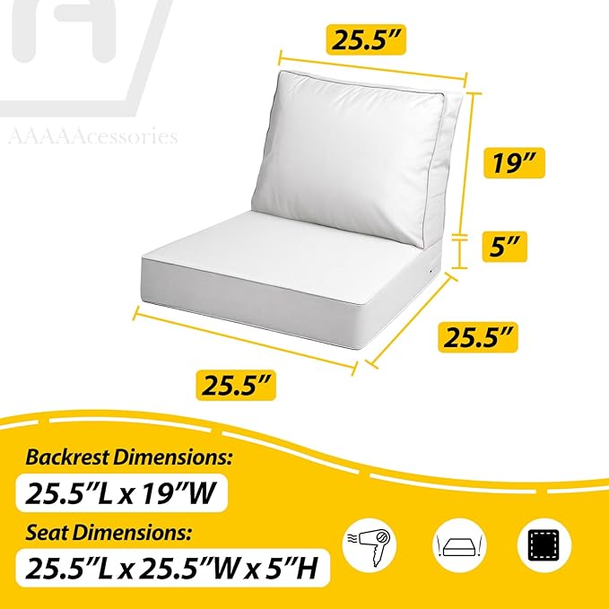 AAAAAcessories Outdoor Deep Seat Cushions with Double Welted Pillow, Waterproof, Fade-Resistant Patio Furniture Replacement Cushions, 25.5" x 25.5" x 5" + 25.5" x 19", Creamy White