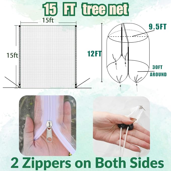 1 Pack 15x15ft Extra Large Fruit Tree Netting with Double Zipper & Double Drawstring, Heavy Duty Bird Netting for Fruit Trees, Reusable Tree Net to Protect Large Trees from Birds, Squirrels, Deer