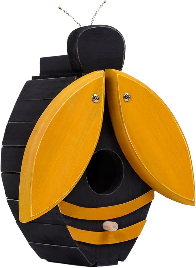 NATUREYLWL Bird Houses for Outside, Bee-Shaped Birdhouse Attracts Wild Birds (Bluebirds, Finches, Cardinals), Durable Wood Bird House with 4 cm Entrance Hole,Unique Garden Decor,Weather-Resistant