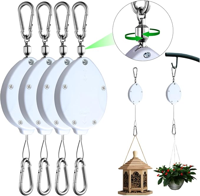 Heavy Duty Retractable Plant Hangers, Adjustable Pull-Down Pulleys with 63" Stainless Steel Rope, Double Hooks for Hanging Plants, Bird Feeders, Planters & Pots, Indoor & Outdoor Use (4Pcs- White)