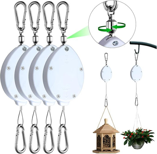 Heavy Duty Retractable Plant Hangers, Adjustable Pull-Down Pulleys with 63" Stainless Steel Rope, Double Hooks for Hanging Plants, Bird Feeders, Planters & Pots, Indoor & Outdoor Use (4Pcs- White)