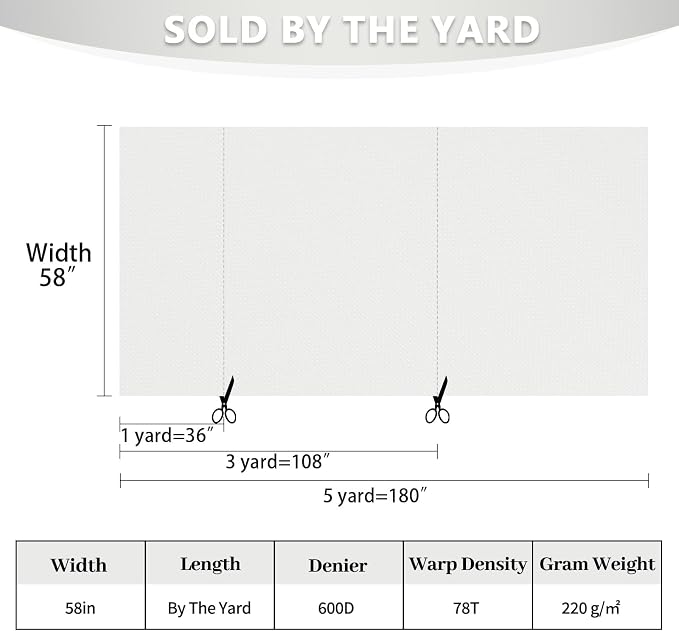 Waterproof Canvas Fabric by The Yard 58inch 600D Upholstery Material Polyester Fabric Outdoor Water Resistant Fabric for Sewing Chair Patio Cushion Purse Bag Interior, Pre Cut 1 Yard White