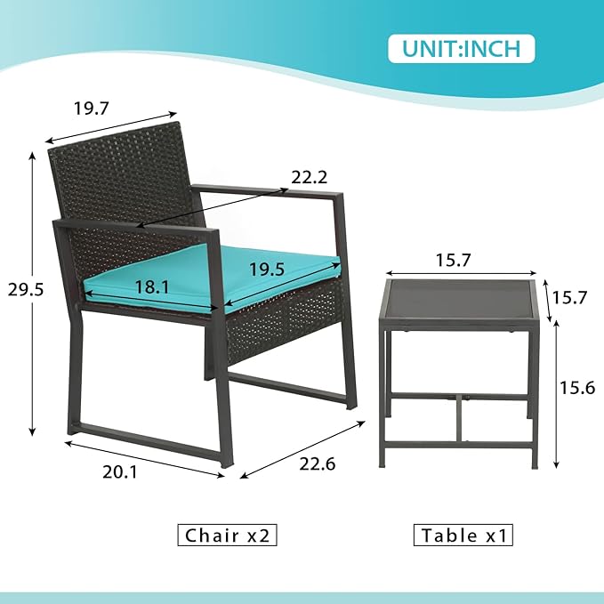 FDW | 3-Piece Patio Furniture Set | Blue | Outdoor Wicker Furniture with Coffee Table | Modern Rattan Chairs Conversation Set | Outdoor Seating | Weather-Resistant | for Porch, Garden, Lawn