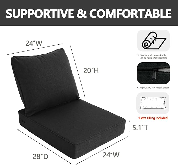 Goodgoods 24 x 28 Outdoor Patio Deep Seat Cushions 2-Pack, 1000+ Hours Fade-Resistant & Water-Resistant Outdoor Furniture Chair Cushions with 30D High-Resilience Foam for Sofa Chair, Black